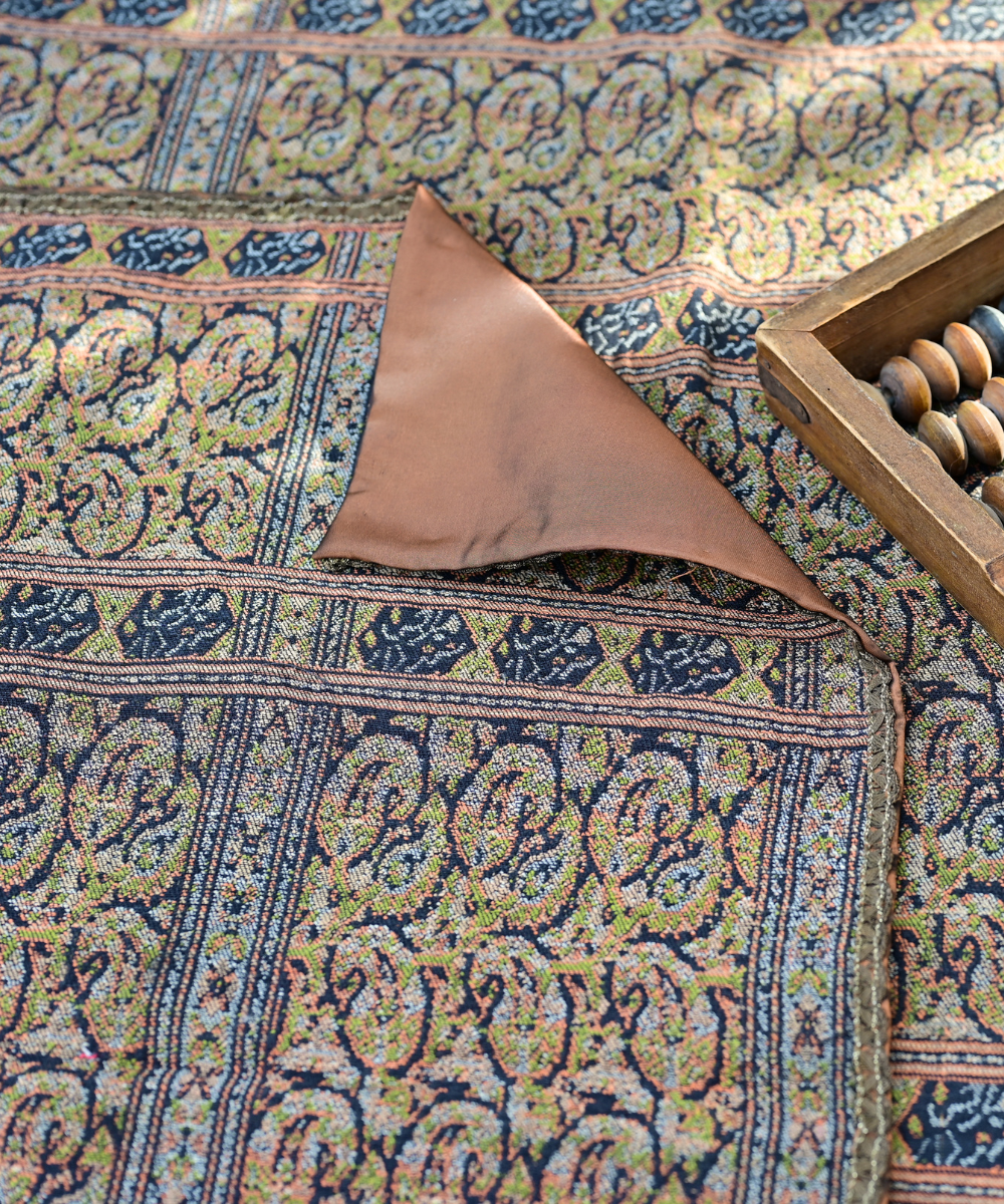 Vintage Persian Termeh Tablecloth – Antique Handmade Décor with Satin & Metal Trim | 72x73 cm